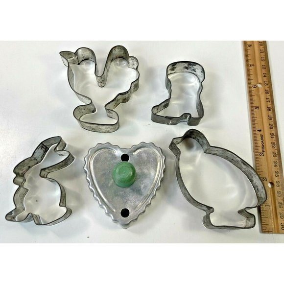 5 Antique Cookie Cutters Turkey Bird Bunny Rabbit Cowboy Boot Metal Tin Vtg Lot - Picture 4 of 6